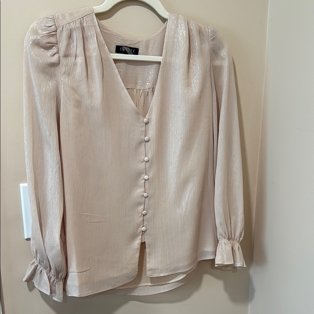 1. State Tan Puff Sleeve Blouse with Ruffled Buttoned Details